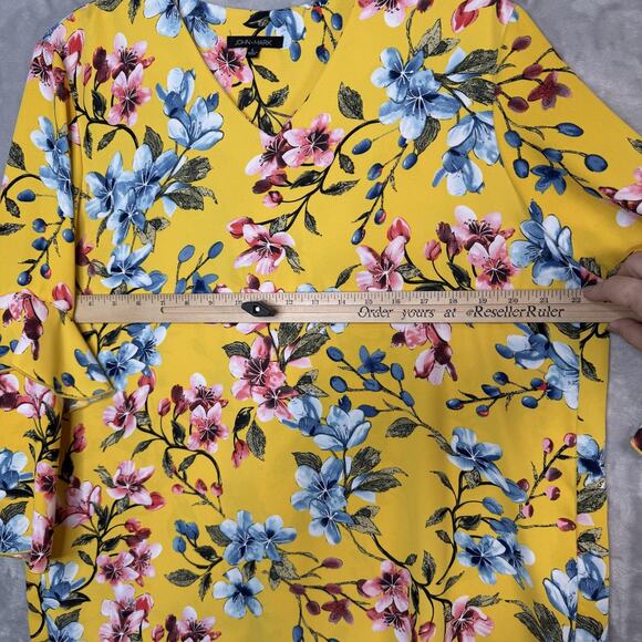 John Mark Blouse Womens Large Yellow Floral Ruffle Bell Sleeve Hi-Low V-Neck - Picture 7 of 10